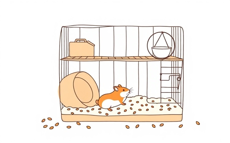 Hamster in a well-equipped habitat with tunnels, wheel, and comfortable bedding