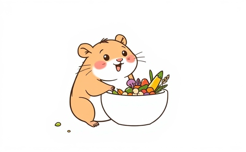 Hamster next to a small bowl containing nutritious pellets, vegetables, and seeds